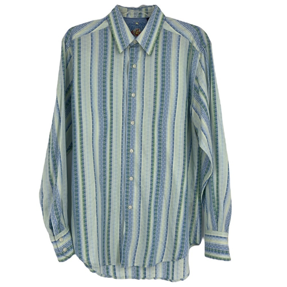 Robert Graham Yellow Blue Striped Polka Dot Flip Cuff Casual Dress Shirt